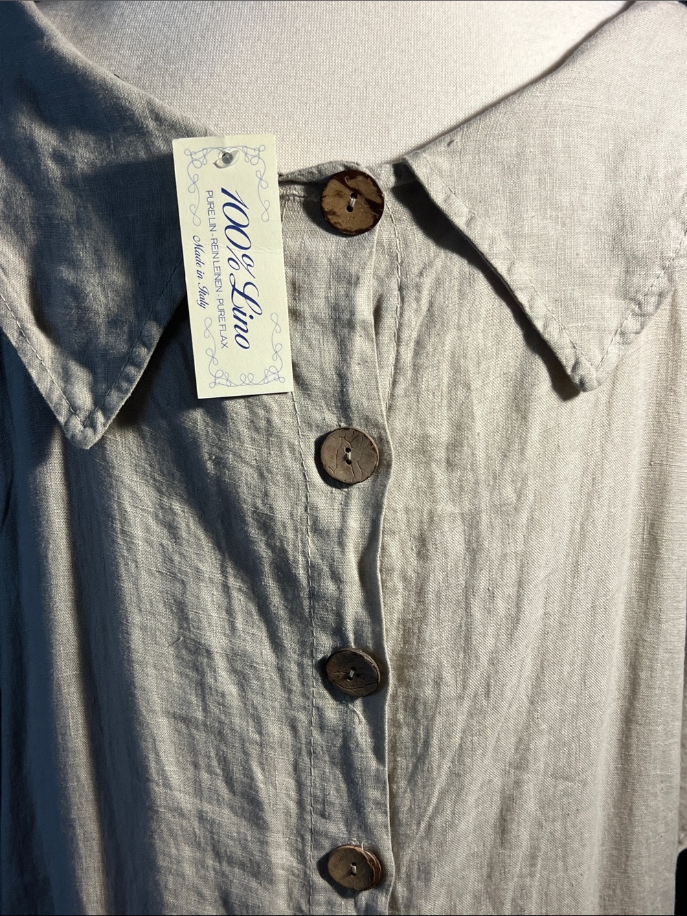 Zen Italian beige linen button up/back, regal collar/cowl dress w/pockets-NWT - Picture 6 of 16